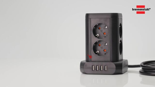 Brennenstuhl Steckdosenturm 8-fach, Steckdosenleiste schwarz, 2 Meter, 4x USB-A