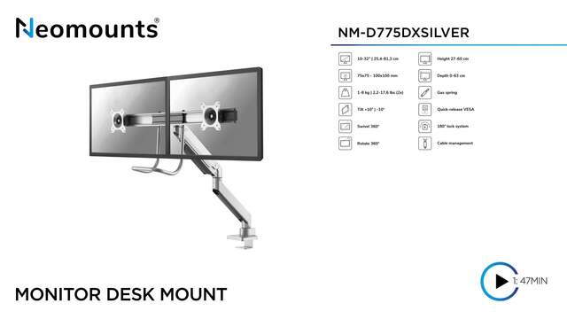Neomounts NM-D775DXSILVER support de bureau pour moniteur, Support de moniteur Argent