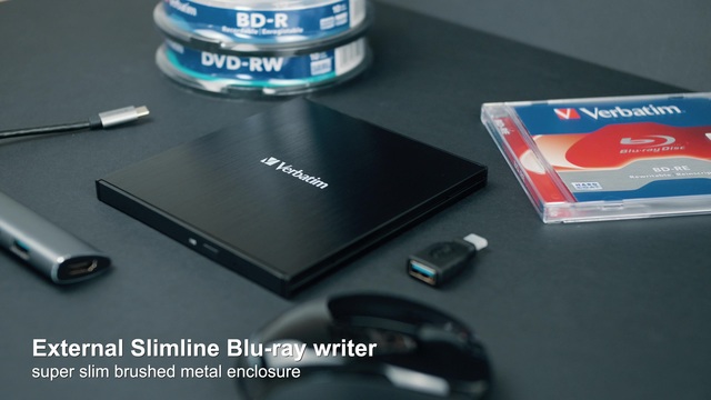 Verbatim External Slimline-Blu-ray-Writer, externer Blu-ray-Brenner schwarz, USB 3.1 Gen 1 (Typ-C)