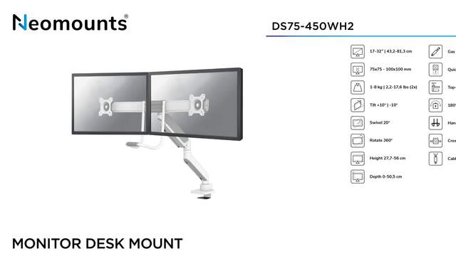 Neomounts DS75-450WH2, Support de moniteur Blanc