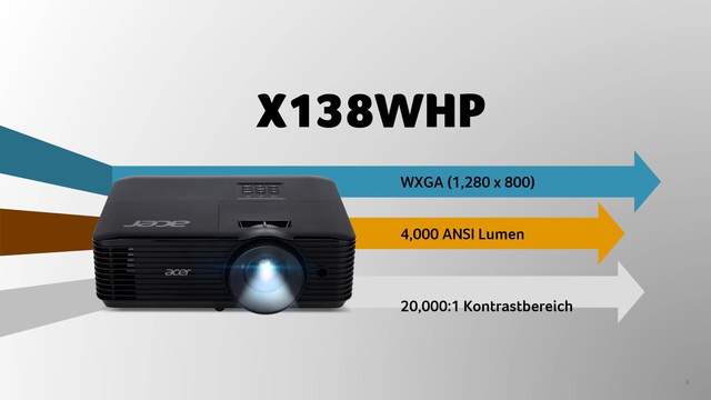 Acer X138WHP, DLP-Beamer schwarz, HD Ready, HDMI, 4000 ANSI-Lumen